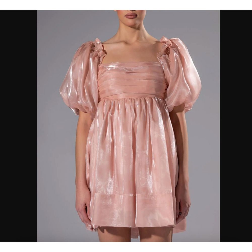 Akira Sz S Too Sweet For You Babydoll Mini Dress Pink Puff Sleeve Tie Back Girly